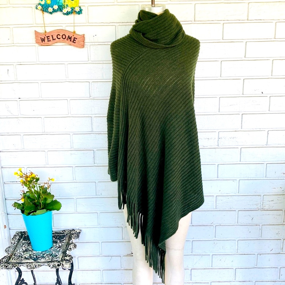 Olive Green Turtleneck Fringe Poncho
